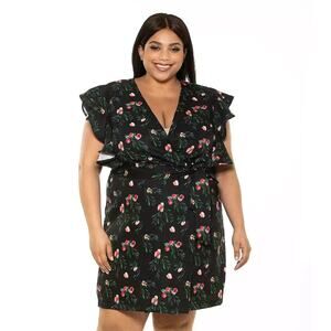 Alexia Admor Floral Ada Wrap Dress Ruffle Sleeve Black Rose Plus 3X Stretch NWT